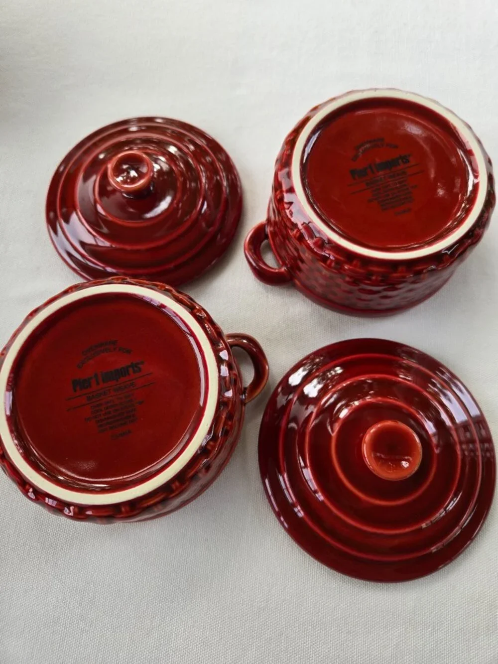 Pier 1 Imports two Red Basket Weave Ovenware Ramekin Soufflé Mini Dish with lids